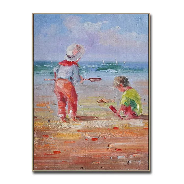Heavy Texture Knife Children Playing on Beach Oil Painting