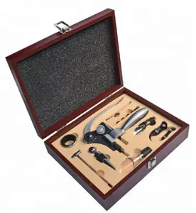 Wood box zinc alloy compact bottle corkscrew 9 pcs connoisseur lever rabbit wine opener gift sets