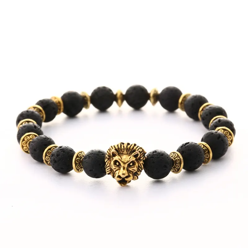 Hot Selling Customized Unique Handmade DIY Buddha Lion Leopard Head Lava Stone Beads Bracelet For Men Women