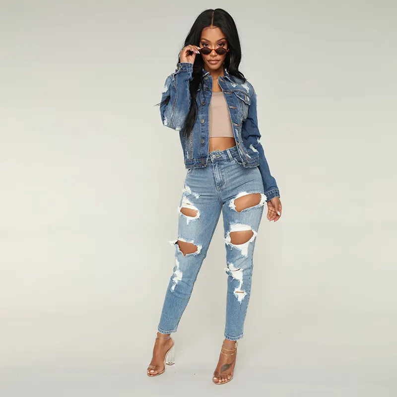 Hot Sale Women Summer Light Blue Slim Fity Stretch Sexy Ripped Jeans For Women Stylish