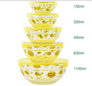 Ensemble de 5 bols en verre <span class=keywords><strong>pas</strong></span> <span class=keywords><strong>cher</strong></span> avec couvercles en plastique, saladier en verre pour la vente en gros - Product Image 6