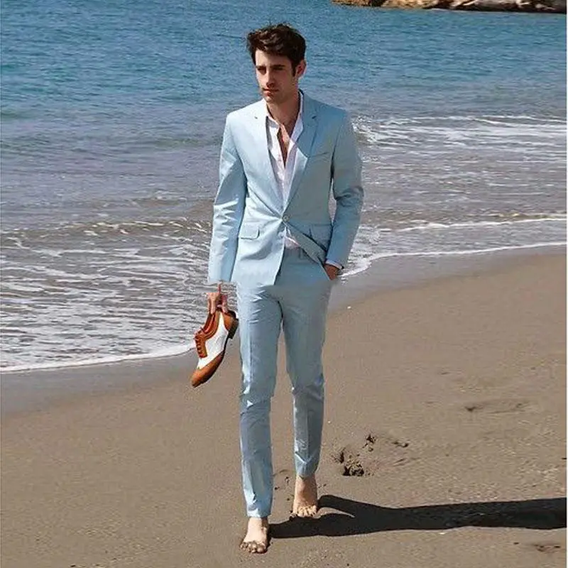 Moda 1 botón hombres de trajes con muescas solapa de boda playa boda esmoquin para hombres chaquetas 2 piezas traje Formal traje chaqueta + Pantalones