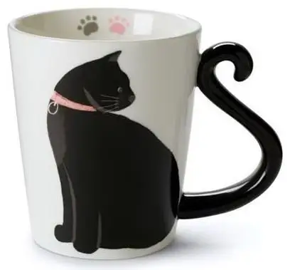 Unique 11 Oz Ceramic Coffee Tea Cup Cute Cat Mug for Cat Lovers with Black and White Kitty and Tail Shaped Handle