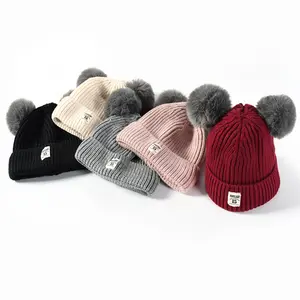 New arrival custom winter warm cheap babies double fur pom pom beanie hat