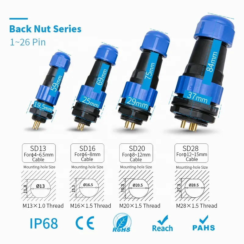 IP68 waterproof connector plug Back Nut SD/SP13/16/20/28-3/4/5/6/7/8/9/12/24/26 2 pin panel Mount wire cable connector