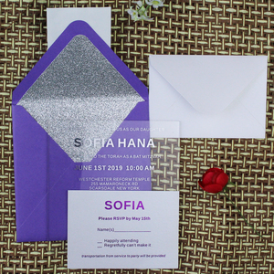 Luxe Carré Créatif Acrylique Enfants Invitations D'anniversaire avec des Paillettes D'argent Doublure Enveloppe en Couleur Pourpre - Product Image 3