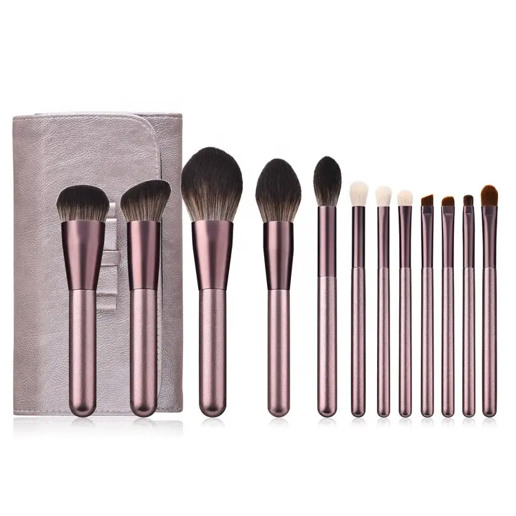 Tùy Chỉnh 12 Cái Champagne Makeup Brushes Set Nhãn Hiệu Riêng Vegan Make Up Công Cụ Powder Foundation Mắt Cọ Với Túi