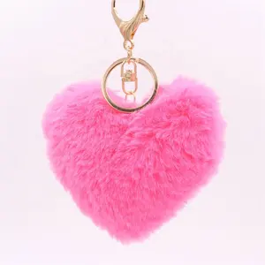 Hot Koop Promotie Geschenk Zachte Leuke Furball Pompom Harige Hartvormige Pluche Pluizige Ballen Konijnenbont Sleutelhanger Pom Pom sleutelhanger