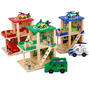 DIY Wood Children Pretend Play Toys Cosplay Simulation DIY Hut Police Office Fire Department Wooden Toys