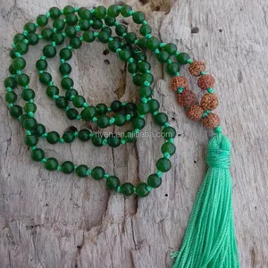 ST0393 Knotted Deep Meditation 108 Mala 6mm Green Jade Rudraksha Tassel Heart Chakra Modern Yoga Mala Necklace