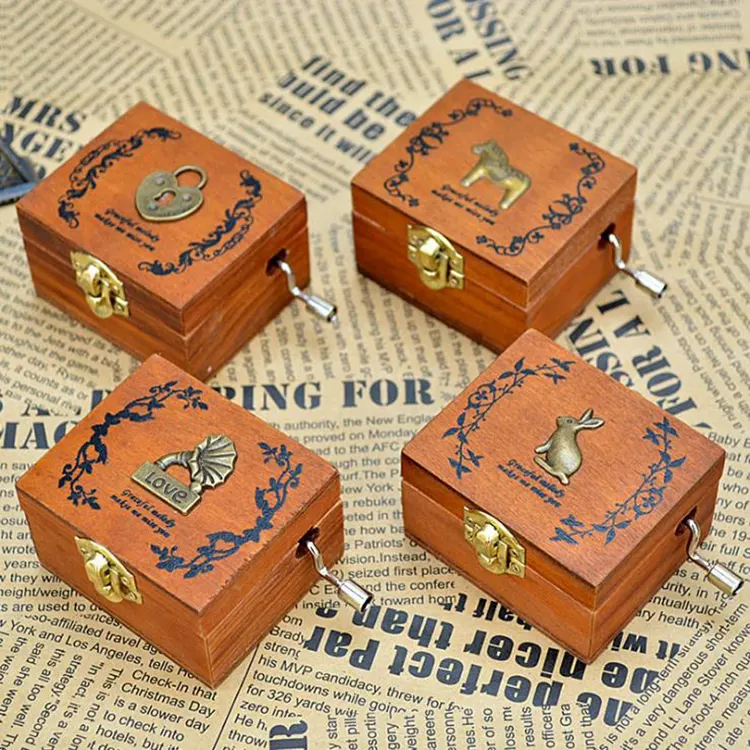 Fashion Decoration Hand Crank Music Box Wooden Retro Mini Gift Music Box