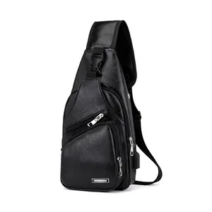 New MenのCrossbody Bags Male USB Chest Bag PU Leather Shoulder Bags Diagonal Package Back Pack Travel