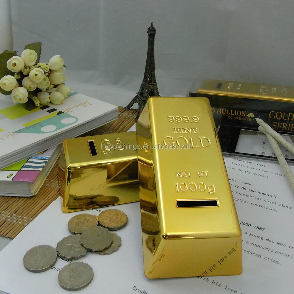 Factory Direct gold plated gift items Gold Bullion Bar Style Plastic Coin Banker