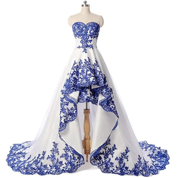 Retro Grown Two Tone Royal Blue and White Short Front Long Tail Wedding  Dress - Vintage Long Sleeve Plus Size Option Available