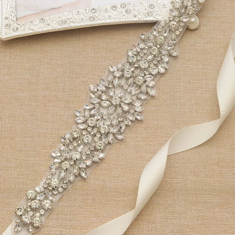 Cinturón de boda para novia, con cuentas de cristales y diamantes de imitación, cinta de satén, cinturón de boda