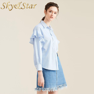 <span class=keywords><strong>Azul</strong></span> claro ruffle manga <span class=keywords><strong>jersey</strong></span> de cuello de rayas últimas mujeres Oficina blusa camisa diseños - Product Image 2