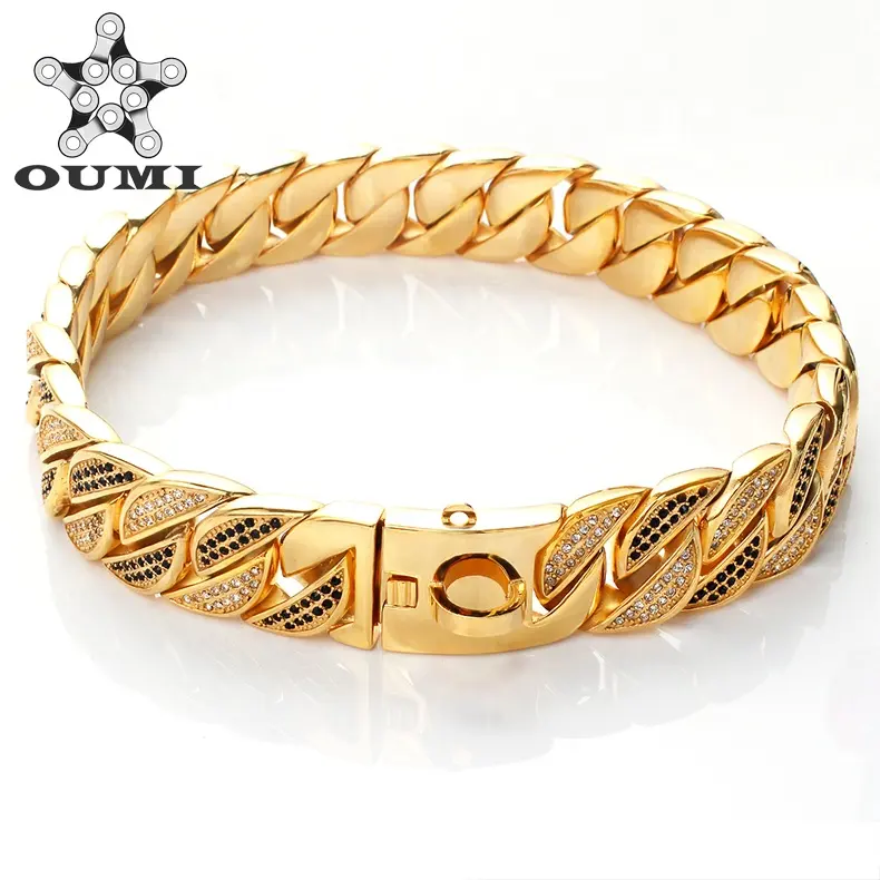 OUMI Latest Design Stainless Steel Chunky Dog Cuban Chain Plated 18k Gold Diamond Pet Collar Chain