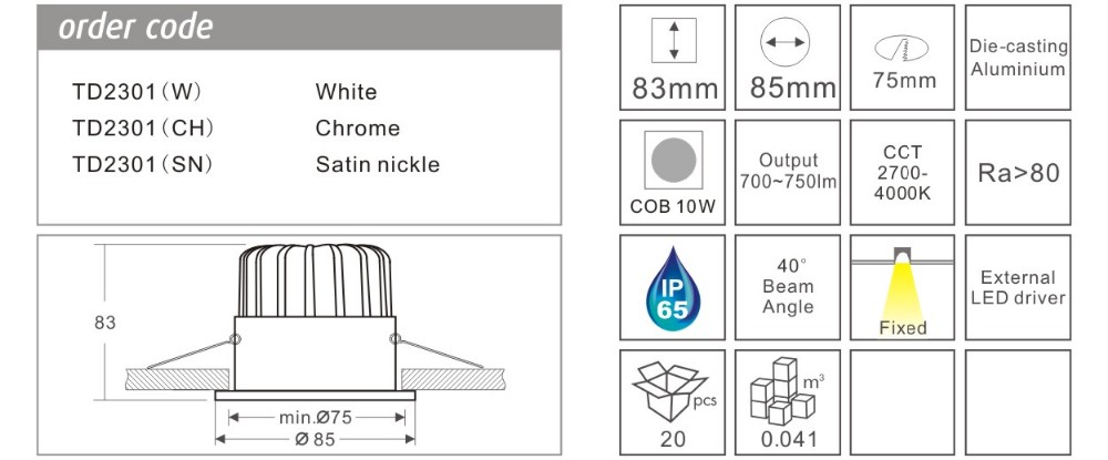 Round Deep Cup Dimmable LED Downlights 10W 75mm Cutting Anti Glare