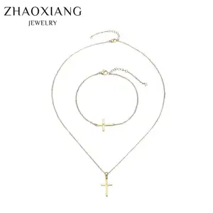 SJ80006 Wholesale ladies fashion crystals necklace bracelets gold plated stainless steel jewelry set