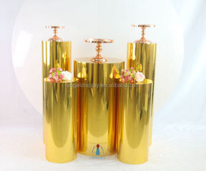 Juego de 5 cilindros acrílicos de pedestal redondo dorado moderno Iangel para bodas y exposiciones con pegatina de logotipo de forma cuadrada - Product Image 2