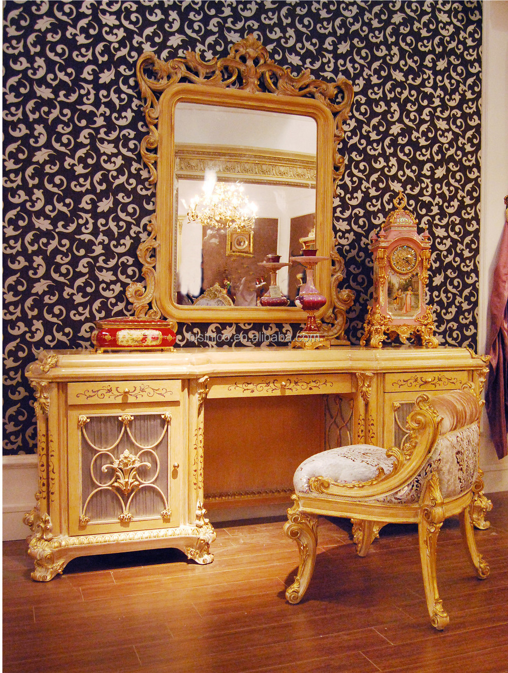 高級フレンチロココスタイル木彫り寄木細工キャノピーベッド