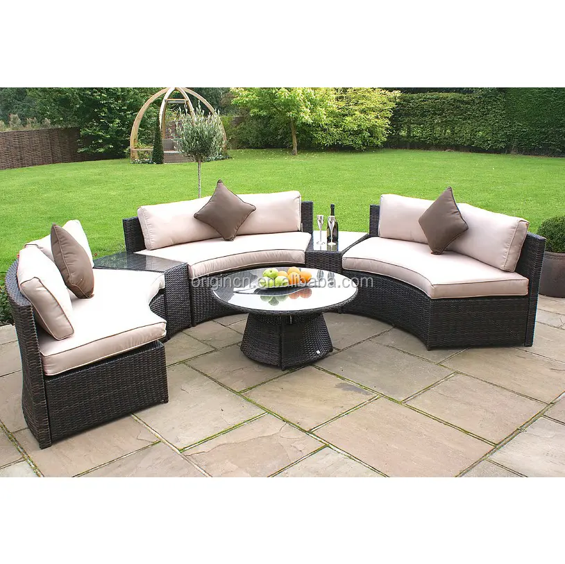 Luxushotel Outdoor Terrassenmöbel halbrunds Sofa Beistelltisch Poly Rattan 6 Stück Halbkreis-Set