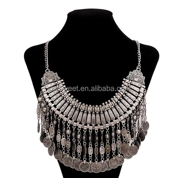 Fashion Coin Collar Fringe Chain Necklace Bohemian Silver Statement Handcraft Ethnic Necklaces 2014 Turkish Jewelry (SWTNSXR126)