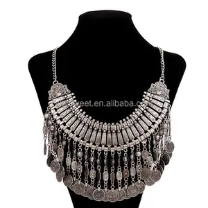 Модное ожерелье-цепочка с бахромой и монетой, богемное серебряное массивное этническое ожерелье ручной работы, турецкие ювелирные изделия 2014 (SWTNSXR126)