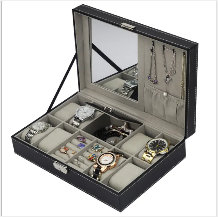 Black PU Leather 8 Watch Slots Jewelry Necklace Rings Set Storage Organizer Box With Mirror