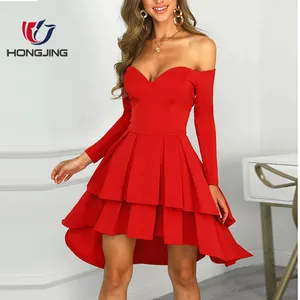 Woven polyester Off Shoulder-neckline Ruffles Dip Hem Dress Asymmetrical hem long sleeves sexy night club wedding prom party