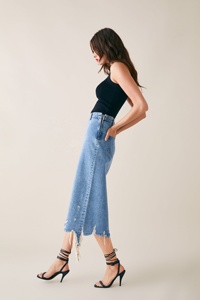 <span class=keywords><strong>Midi</strong></span> <span class=keywords><strong>denim</strong></span> <span class=keywords><strong>gonna</strong></span> con spacco vendita calda distressed luce blu jeans delle donne gonne - Product Image 2