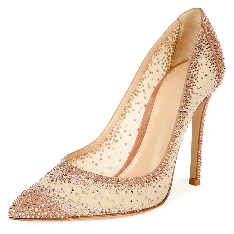 2022 new design beautiful elegant bridal wedding shoes with white mesh and diamond high heel women pumps