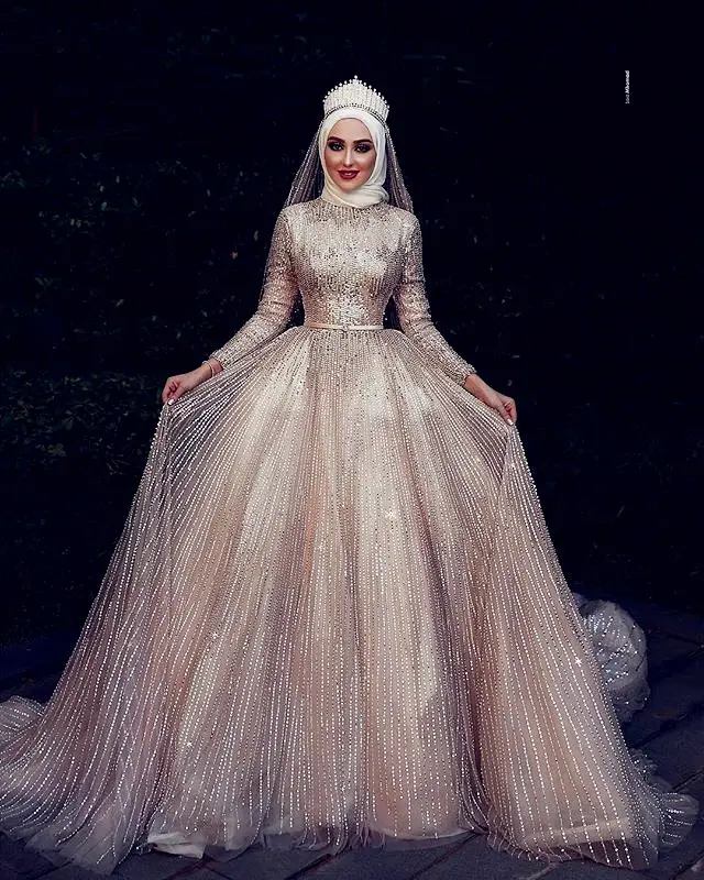 Brand Latest Bling Muslim Wedding Dress Long Sleeve Sequin Islamic Women Modern A Line Formal Bridal Gowns With Cathedral Veil