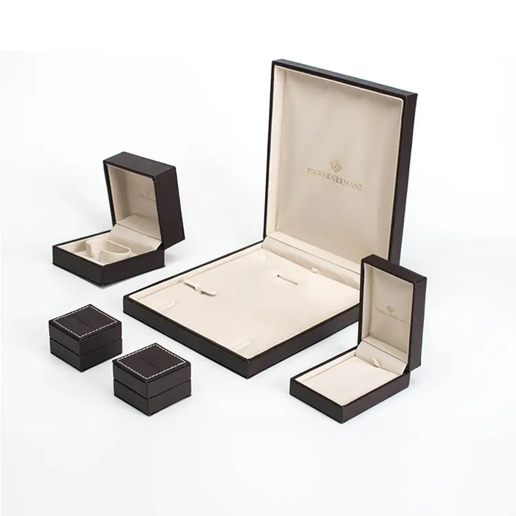 Caja de exhibición de joyería de cuero negro de alta gama, conjunto de joyería, caja de embalaje y caja de regalo de papel