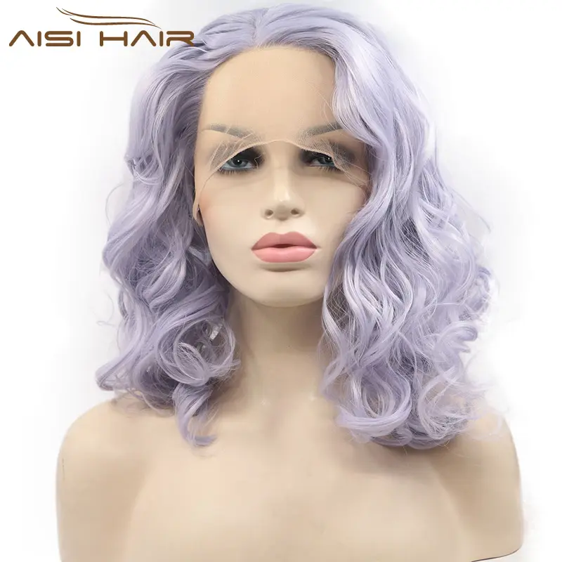 Aisiヘアホット販売ショートカーリーウェーブパープルボブウィッグ合成コスプレレースフロントウィッグ黒人女性用