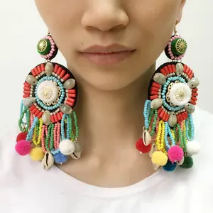 Multicolor Pom Pom Frisado Brincos Borla Jóias Grande Declaração Étnico Boho Oscila Brincos Gota Com Shell Pendientes Acessório