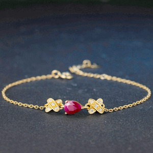 Classic Natural 14K Yellow Gold Plated Gemstone 925 Sterling Silver 5x7mm Teardrop Red <strong>Ruby</strong> Simple <strong>Bracelet</strong> S925 for Women HI037 - Product Image 2