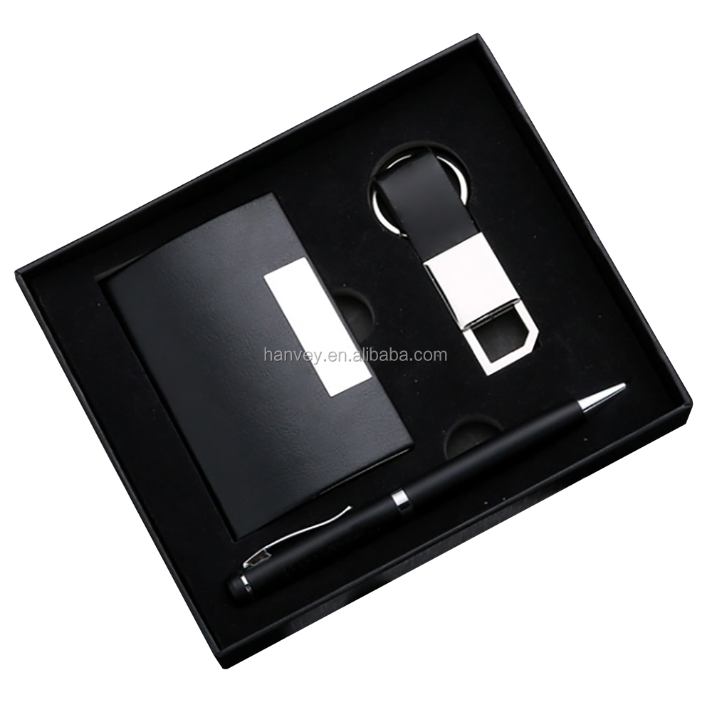 Оптовая продажа по заводской цене, рекламный подарок, роскошный индивидуальный держатель для карт из искусственной кожи, ручка и брелок, деловой подарочный набор