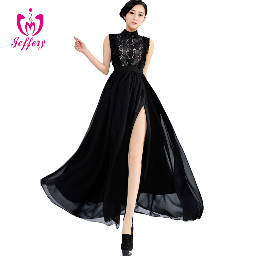 Long dress chiffon new style split evening dress lapel lace combinatoin dress design H043