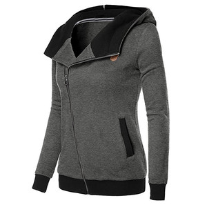 Women's Oblique Full Zip-up Casual <strong>Hoodie</strong> Jacket Coat Asymmetric Neoprene <strong>Hoodie</strong> 77% <strong>Polyester</strong>/23% Cotton - Product Image 2