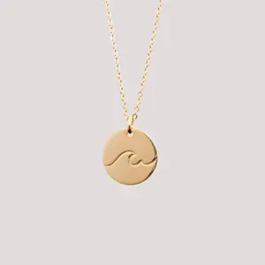 Ocean Wave Charm Gold Coin Necklace Pendant Custom logo Stainless Steel Jewelry