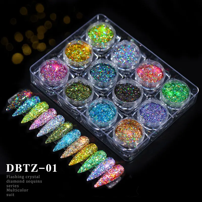 Misscheeri Small Confetti Glitter Holographic Laser Paillettes 12 Colors Sequins Powder Dust Set For Nail Art Decoration