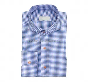 Kaus Desain Elegan Pria, Baju Kerah Potong Lengan Panjang Kotak-kotak Biru Gelap