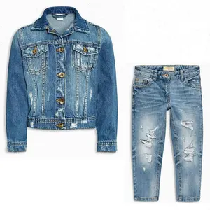 Фабрика джинсовой одежды Royal Wolf, синяя винтажная моющаяся рваная куртка и джинсы, детская одежда, комплекты одежды для детей, обслуживание OEM, Тканое