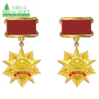 Grosir Grosir Murah Fitur Wilayah Militer Lencana Logam Dipoles Bintang Emas Kehormatan Kustom Medali Militer dengan Pita Pendek