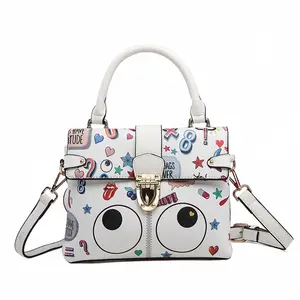 Göz teması doodle çizgi film sevimli moda rahat büyük gözler kilit küçük kare çanta çapraz çanta çanta bayan çanta