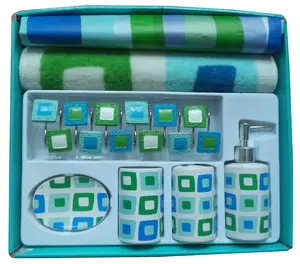 Printing PEVA Shower Curtain with Bath Mat and Ceramic Accessories Set of 18