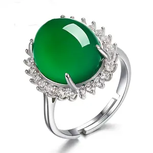 Sterling Silber Cooper Weißgold plattiert Big Stone Zirkon Ring Grüner Jade Achat Ring