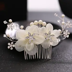 Luxus Braut Haar Zubehör Hochzeit Haar Kamm Silber-ton Strass Künstliche Blume Haar Kamm Hochzeit Kopfschmuck