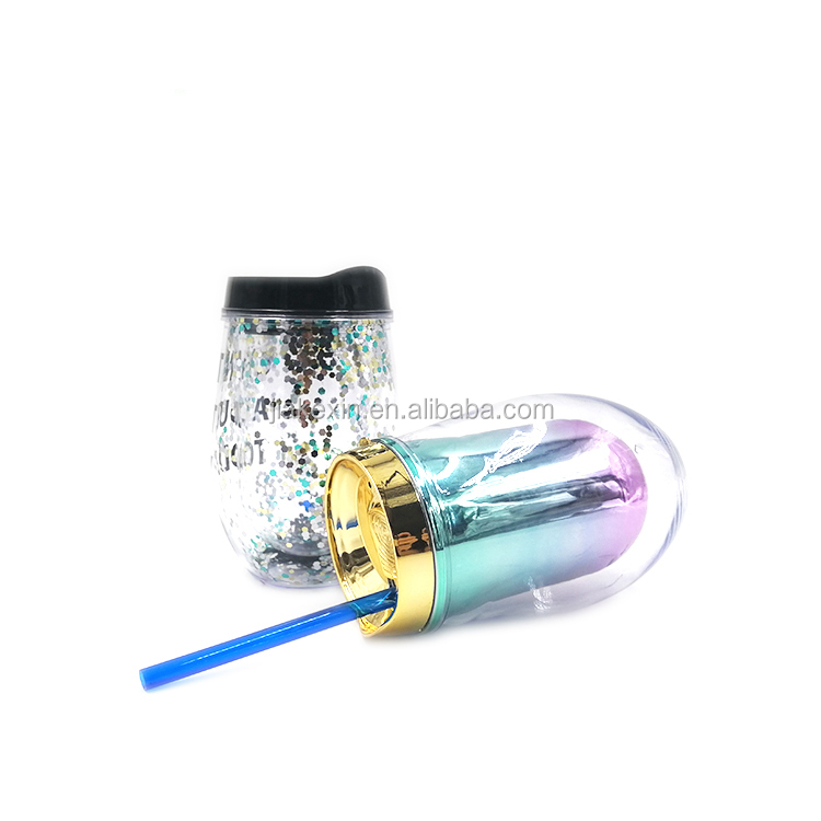 350 мл пользовательский прозрачный питьевой акриловый блеск стакан Двойная Стенка пластиковые чашки для воды кофе с соломинкой крышки